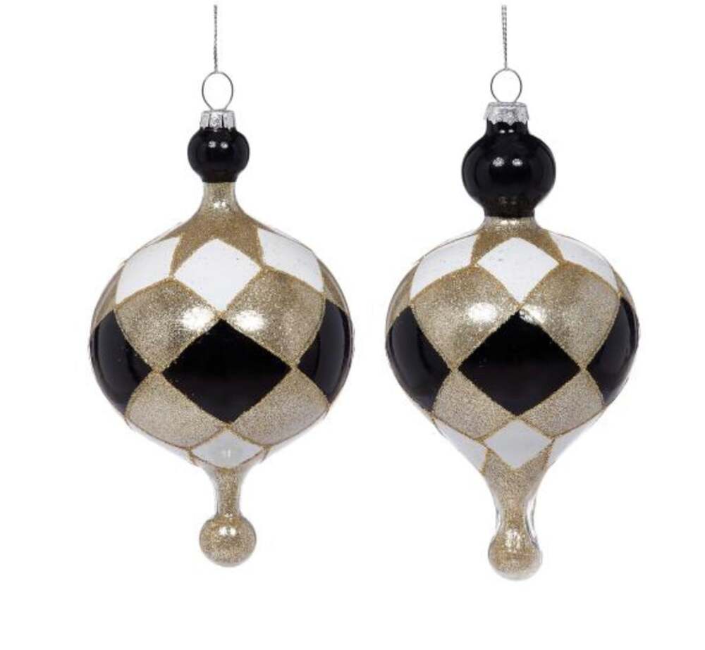 3pc Mark Roberts Harlequin Glass Ornaments 5in Black White Gold Glitter Glam